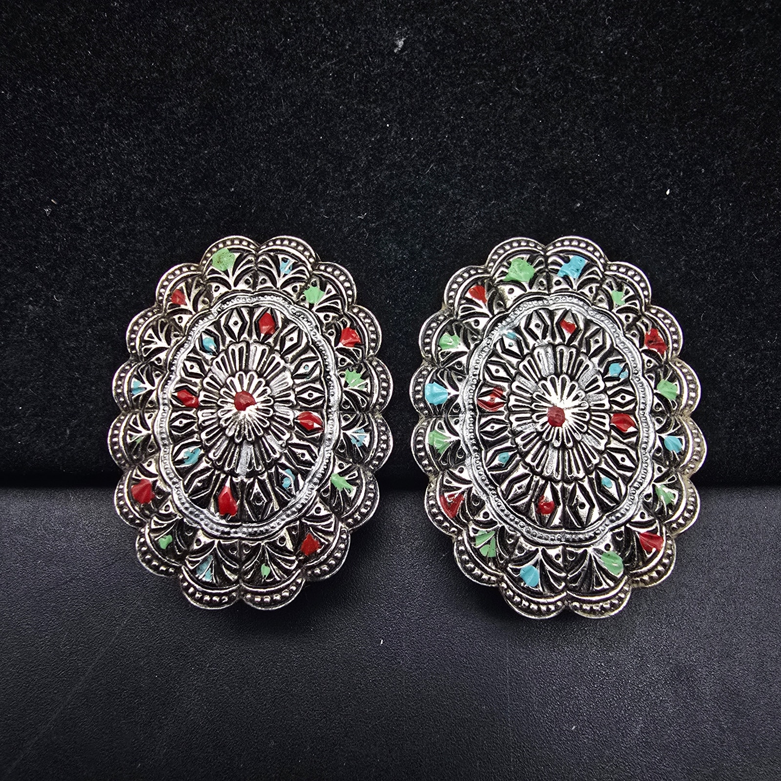 West Germany Enamel Oval Clip On Earrings Silver Tone Vintage 20$